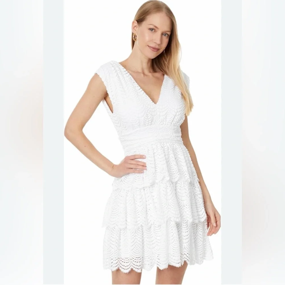 LILLY PULITZER FAYE V-NECK LACE RUFFLE DRESS RESORT WHITE SCALLOPED SHELL LACE L - Picture 14 of 15